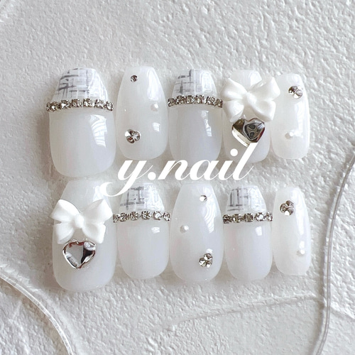 ネイルチップ/リボンネイル/ツイードネイル/ガーリーネイル/韓国ネイル  