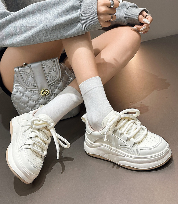 厚底真皮白靴24夏新作女性靴通気性軽量ソフト底カジュアル靴 W354 17枚目の画像