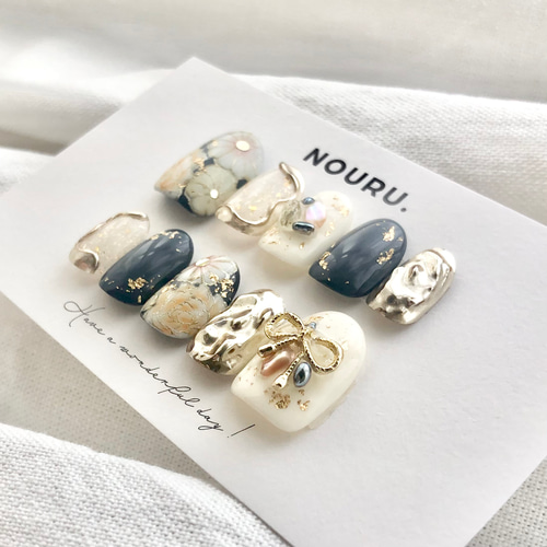 振袖ネイル《和柄紺白》ネイルチップ【サイズオーダー制】一部 カラー