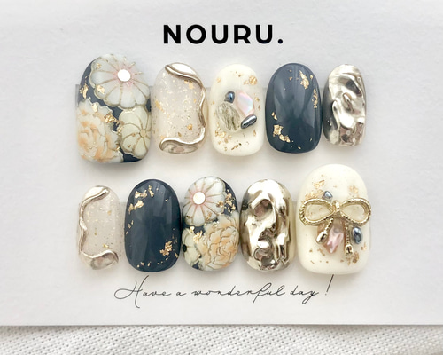 振袖ネイル《和柄紺白》ネイルチップ【サイズオーダー制】一部