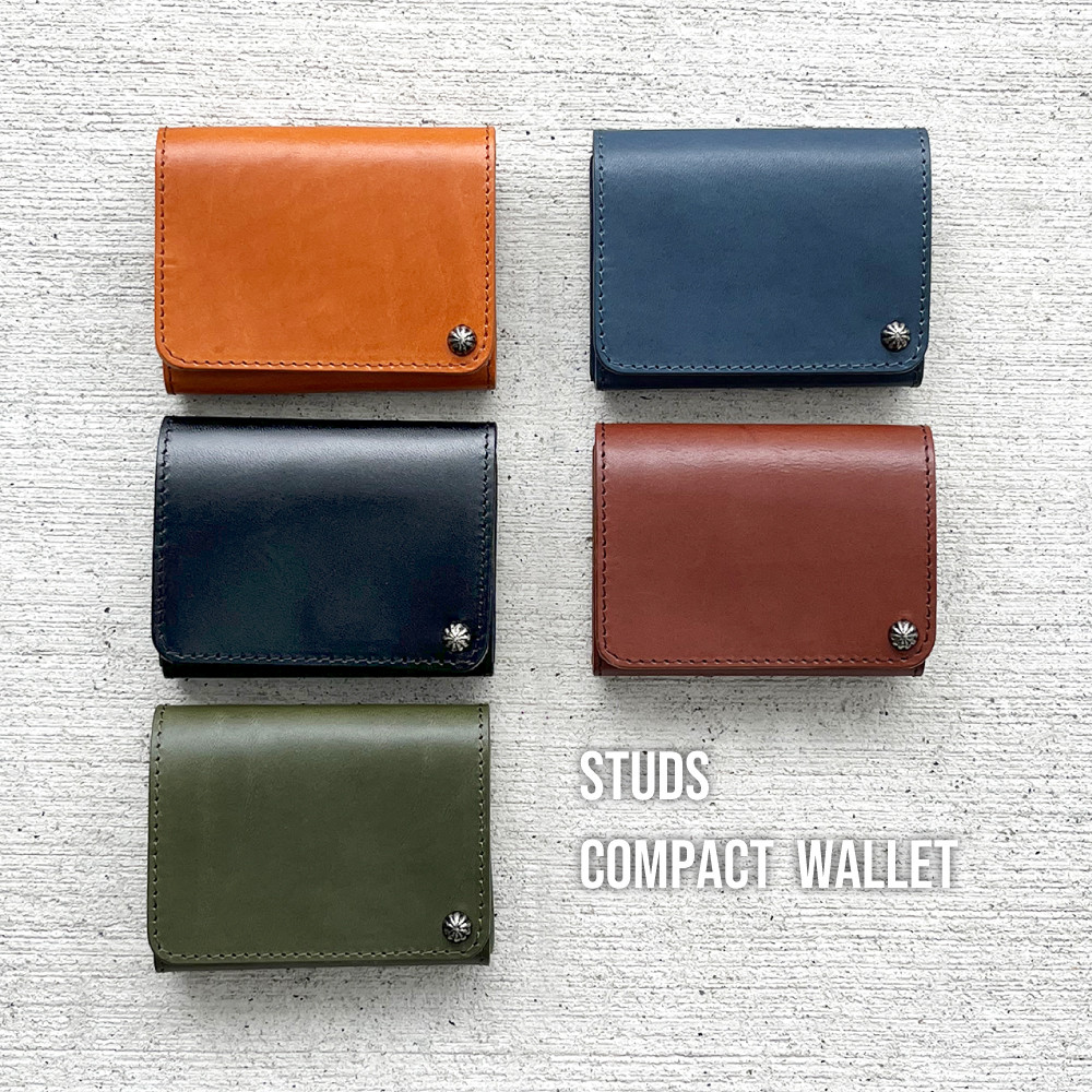 栃木レザー スタッズウォレット コンパクト財布 二つ折り財布 ［WL-001
