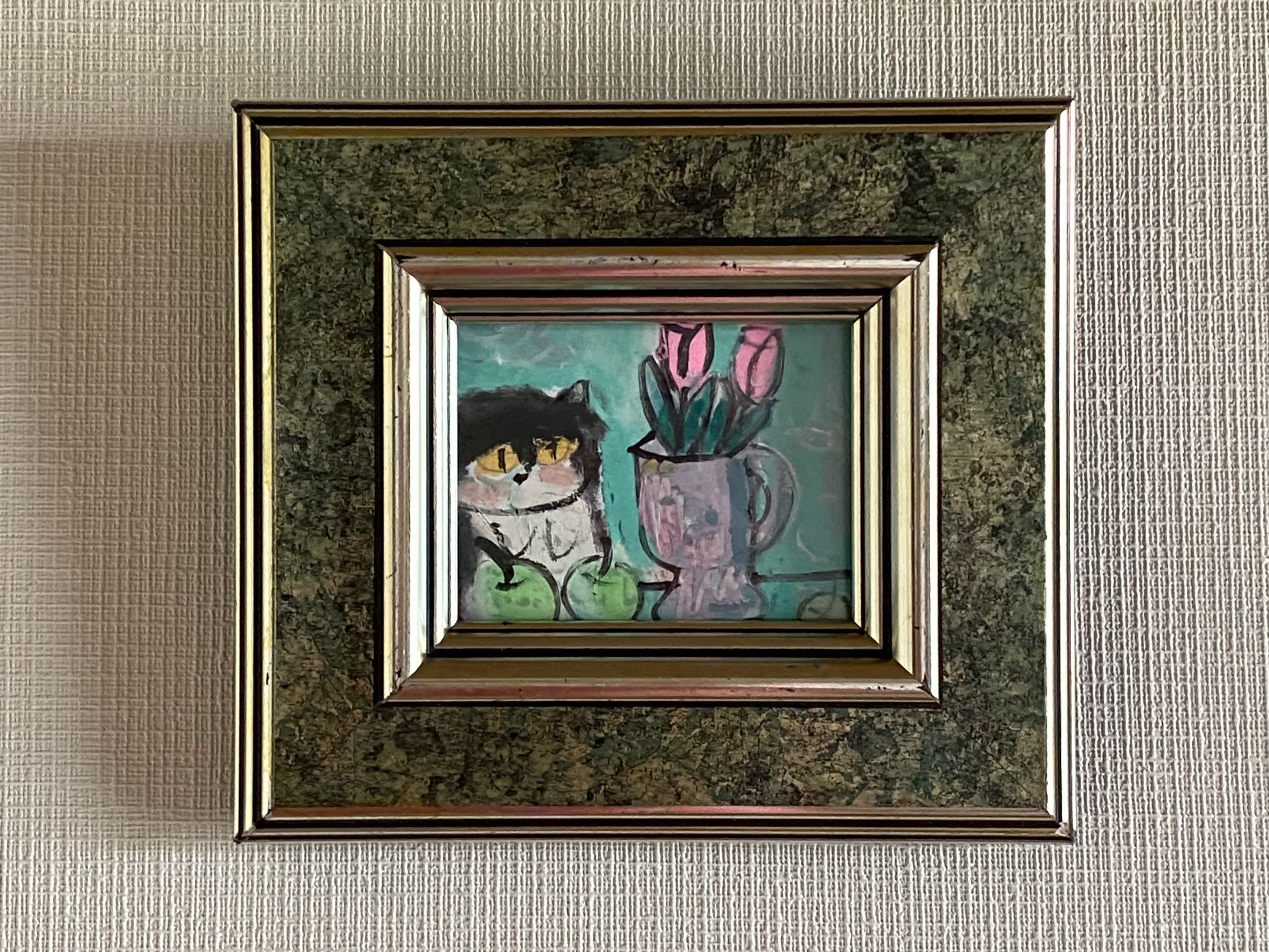 絵画。原画【かわいい黒猫はピンクのチューリップと青リンゴが