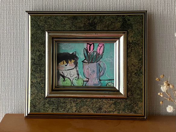 絵画。原画【かわいい黒猫はピンクのチューリップと青リンゴが好き】 5枚目の画像