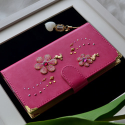 手帳型ケース『うさぎと花のiro』-vivid pink- special SWAROVSKI レア機種〜全機種◎ 2枚目の画像