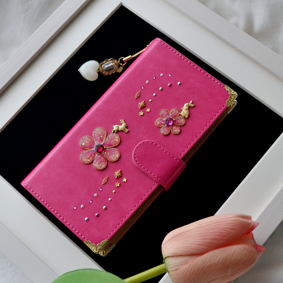手帳型ケース『うさぎと花のiro』-vivid pink- special SWAROVSKI レア機種〜全機種◎ 3枚目の画像