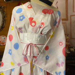 和洋折衷 浴衣 リメイク ワンピース ドレス 帯サッシュベルト レトロ 古着 和 モダン 可愛い×カラフル W-274 2枚目の画像