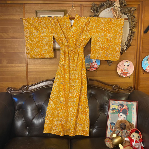 和洋折衷 浴衣 リメイク ワンピース ドレス 帯サッシュベルト レトロ 古着 和 W-275 6枚目の画像