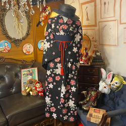 和洋折衷 浴衣 リメイク ワンピース ドレス 帯サッシュベルト レトロ 古着 和 モダン W-276 3枚目の画像