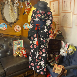 和洋折衷 浴衣 リメイク ワンピース ドレス 帯サッシュベルト レトロ 古着 和 モダン W-276 4枚目の画像
