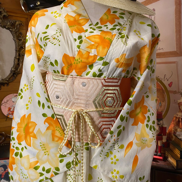 和洋折衷 浴衣 リメイク ワンピース ドレス 帯サッシュベルト レトロ 古着 和 モダン W-277 2枚目の画像