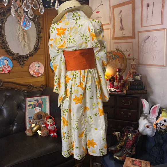 和洋折衷 浴衣 リメイク ワンピース ドレス 帯サッシュベルト レトロ 古着 和 モダン W-277 5枚目の画像