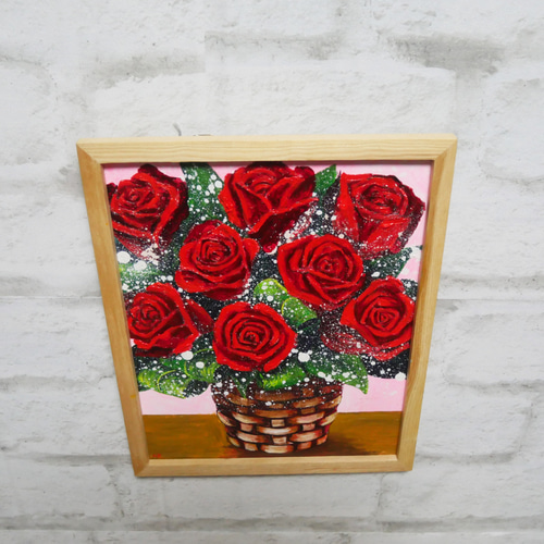 【真作】絵画　油彩0号　情熱の薔薇　鮮やかな赤の背景　箱入　V162 真作】絵画 油彩0号 情熱の薔薇 鮮やかな赤の背景 箱入