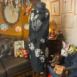 和洋折衷 浴衣 リメイク ワンピース ドレス 帯サッシュベルト レトロ 古着 和 モダン W-278 5枚目の画像