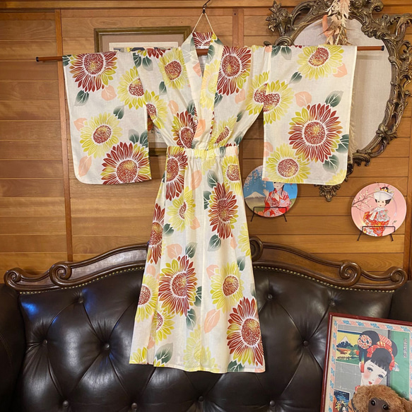 和洋折衷 浴衣 リメイク ワンピース ドレス 帯サッシュベルト レトロ 古着 和 モダン 素敵な向日葵柄 W-279 6枚目の画像
