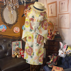 和洋折衷 浴衣 リメイク ワンピース ドレス 帯サッシュベルト レトロ 古着 和 モダン 素敵な向日葵柄 W-279 3枚目の画像