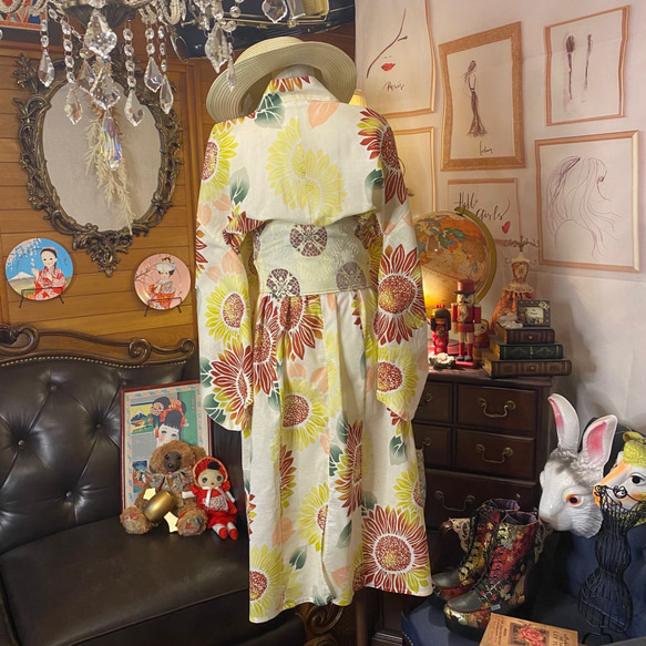 和洋折衷 浴衣 リメイク ワンピース ドレス 帯サッシュベルト レトロ 古着 和 モダン 素敵な向日葵柄 W-279 5枚目の画像