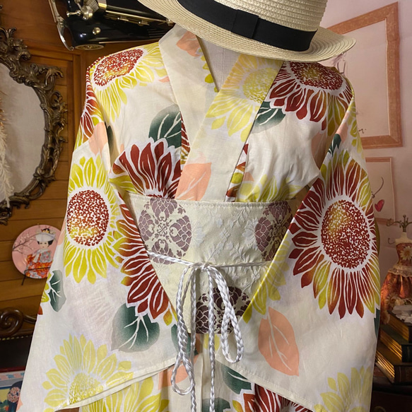 和洋折衷 浴衣 リメイク ワンピース ドレス 帯サッシュベルト レトロ 古着 和 モダン 素敵な向日葵柄 W-279 2枚目の画像