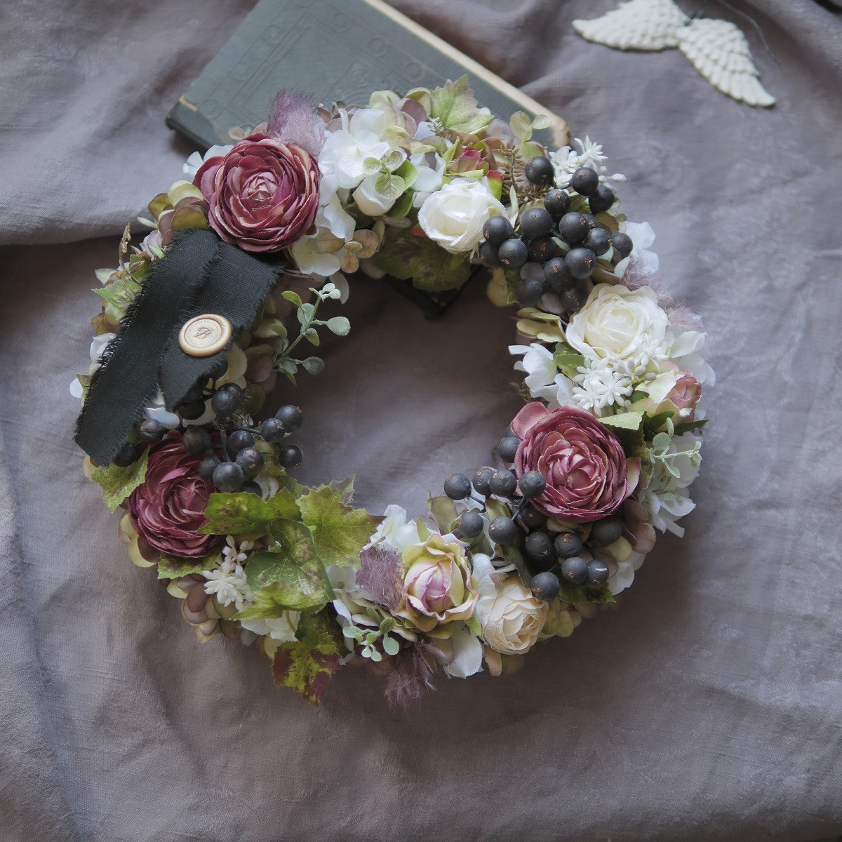 送料無料】アンティークカラーのリース 造花 玄関ドアや