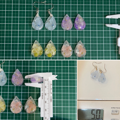 紫陽花を封じ込めたレジン製アクセサリー ドライフラワーを使った
