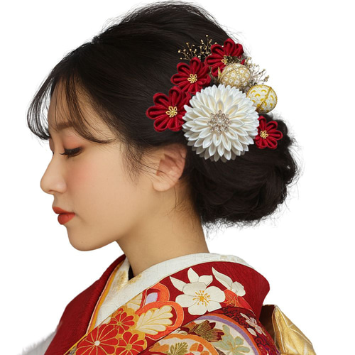 白紅の慶彩（S048）｜白×紅 髪飾り つまみ細工 成人式 卒業式 結婚式