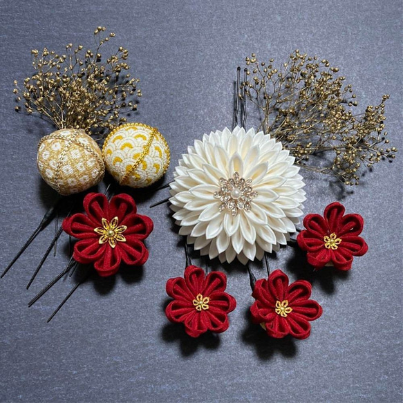 白紅の慶彩（S048）｜白×紅 髪飾り つまみ細工 成人式 卒業式 結婚式