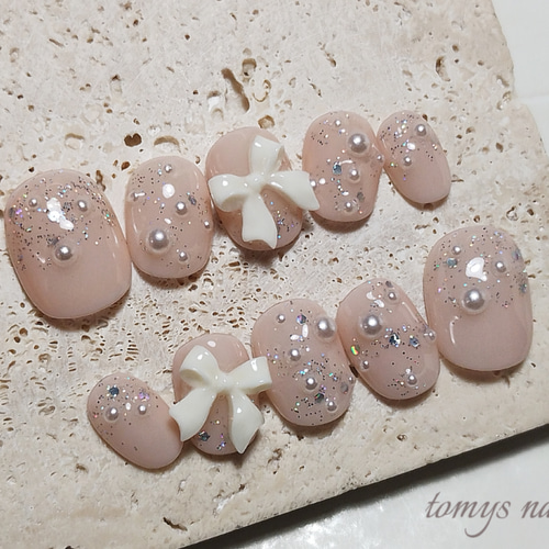 ネイルチップ ガーリー/量産型/リボン/ピンク/パール/推し/イベント  