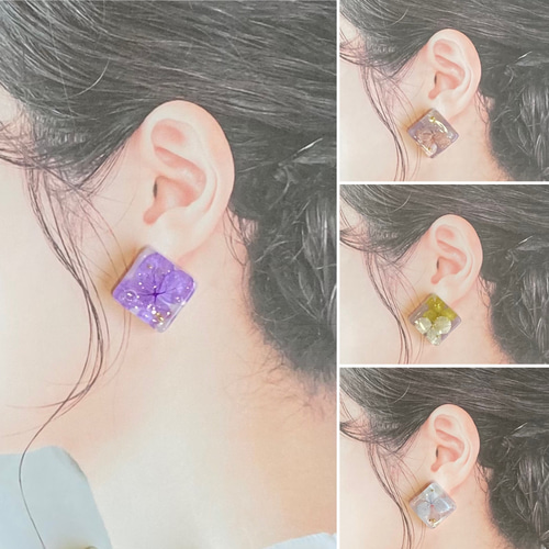 紫陽花を封じ込めた四角いレジン製アクセサリー ドライフラワー
