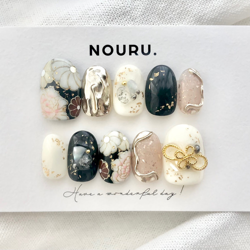 振袖ネイル《和柄黒白》ネイルチップ【サイズオーダー制】一部 カラー  