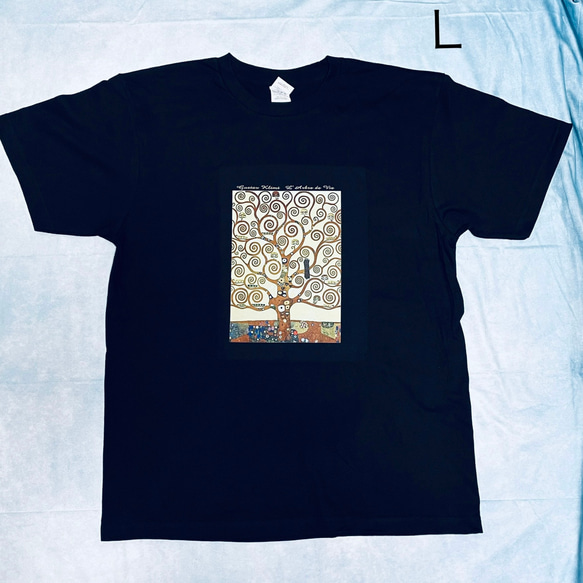 クリムト　生命の樹（部分）綿5.6オンスTシャツ　黒　SML有り 1枚目の画像