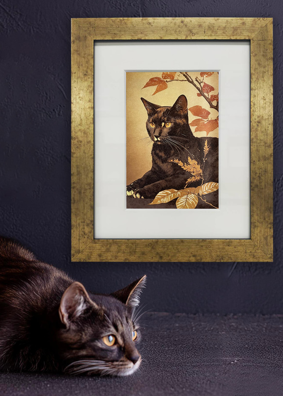 和紙×黒猫 01【インチ額】／日本画風　猫　ねこ　ネコ　特殊印刷　特殊紙　額装付き　グラフィックアート　インテリア 1枚目の画像