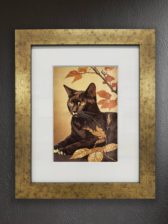 和紙×黒猫 01【インチ額】／日本画風　猫　ねこ　ネコ　特殊印刷　特殊紙　額装付き　グラフィックアート　インテリア 2枚目の画像