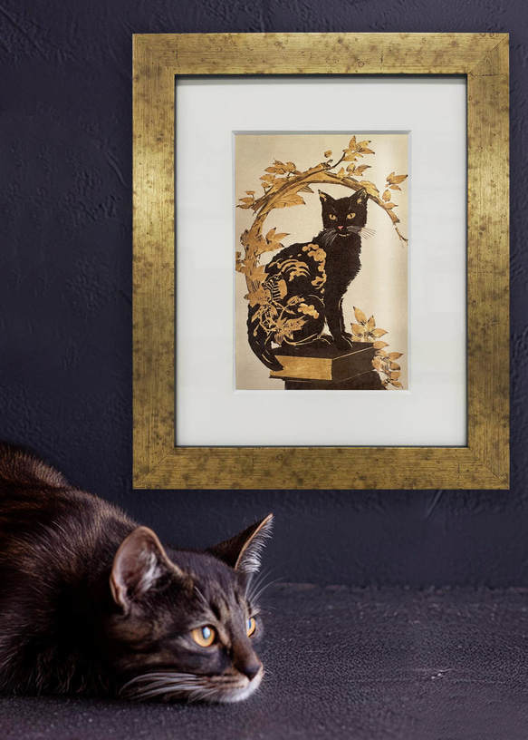 和紙×黒猫 02【インチ額】／日本画風　猫　ねこ　ネコ　特殊印刷　特殊紙　額装付き　グラフィックアート　インテリア 1枚目の画像