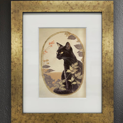 和紙×黒猫 03【インチ額】／日本画風　猫　ねこ　ネコ　特殊印刷　特殊紙　額装付き　グラフィックアート　インテリア 2枚目の画像