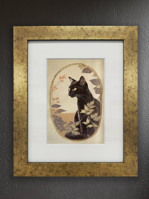 和紙×黒猫 03【インチ額】／日本画風　猫　ねこ　ネコ　特殊印刷　特殊紙　額装付き　グラフィックアート　インテリア 2枚目の画像