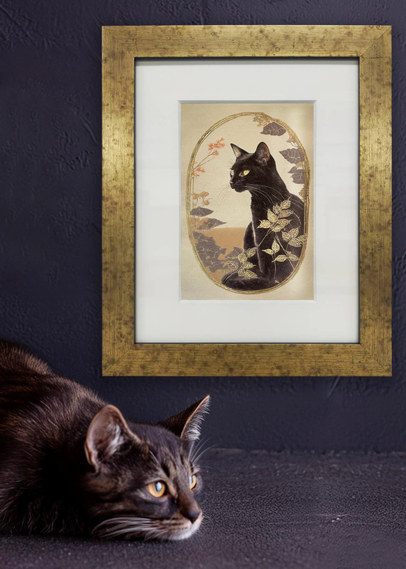 ナマズに乗る猫日本画アートポスター☆黒ブチ鳥獣戯画浮世絵和柄