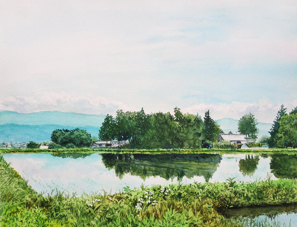 絵　絵画　水彩　水彩画　風景画　プレゼント　家　ビル 絵画 水彩画 風景画 画題「景色映りて」 絵画 yamakasumi56 通販