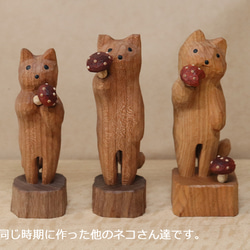 「毒キノコを差し出す猫」猫の木彫り ネコの置物（木材：チェリー、ウォルナットなど）（No.N0013） 20枚目の画像