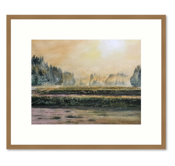 絵画　水彩画　風景画　画題「田に沈む夕日」 2枚目の画像