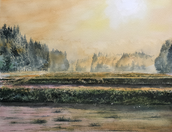 絵画 水彩画 風景画 画題「田に沈む夕日」 （水彩画夕暮れの海を