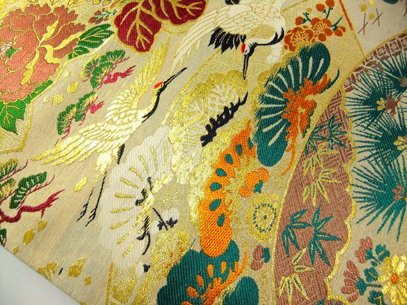 [(16)1929] 180cm/大正、昭和時代的腰帶改造/鶴與小花/掛毯/桌布 第5張的照片