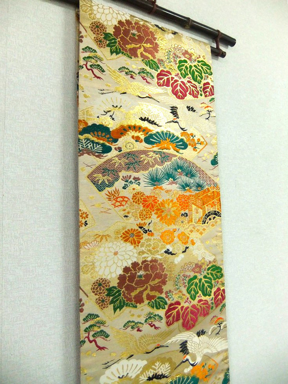[(16)1929] 180cm/大正、昭和時代的腰帶改造/鶴與小花/掛毯/桌布 第2張的照片