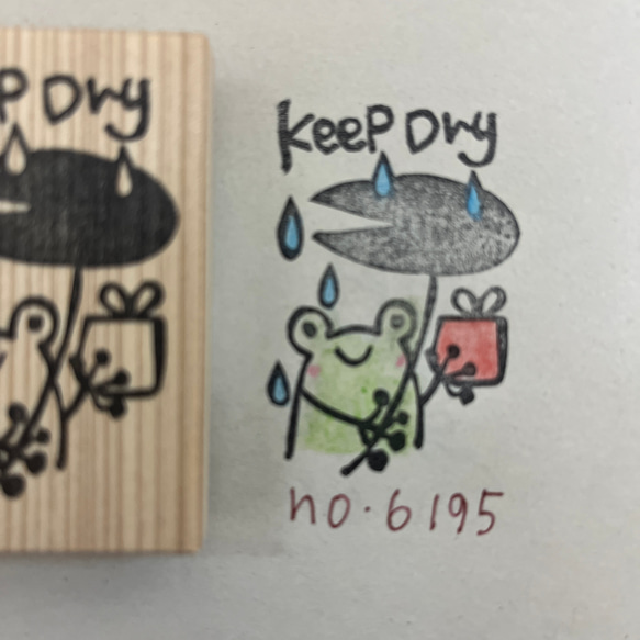 スタンプ　No. 6195 keep dry プレゼントを持ったカエル 1枚目の画像