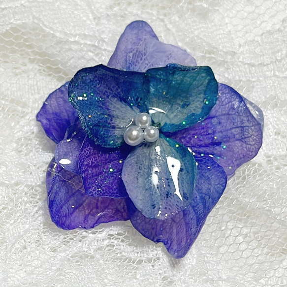 本物　紫陽花　パープルグラデーション 帯留め  ブローチ  かんざし ⑤ 1枚目の画像
