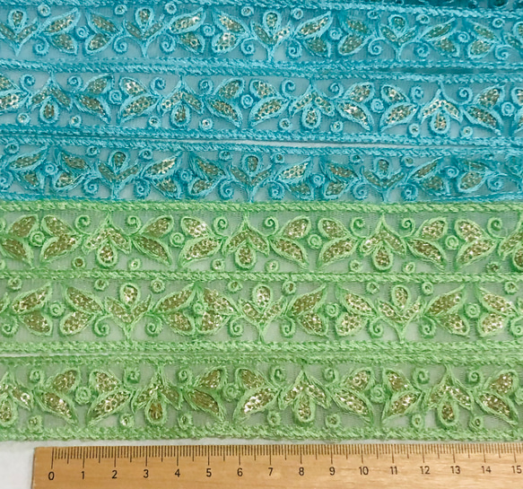 インド刺繍リボン　爽やかブルーアンドグリーン 2枚目の画像