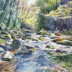 絵画 水彩画 風景画 画題 「晩秋の川景色」 絵画 yamakasumi56