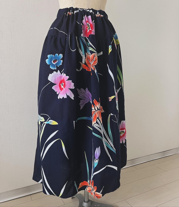 YUKATA de スカート/紺/普通サイズ/フリーサイズ・綿100%・浴衣・夏祭り・サスティナブル 6枚目の画像