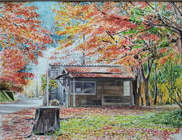 絵画　水彩画　風景画　画題「晩秋の茶店跡」 1枚目の画像