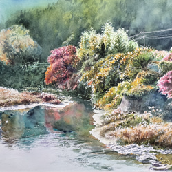 絵画　水彩画　風景画　画題「秋の川沿い」 1枚目の画像