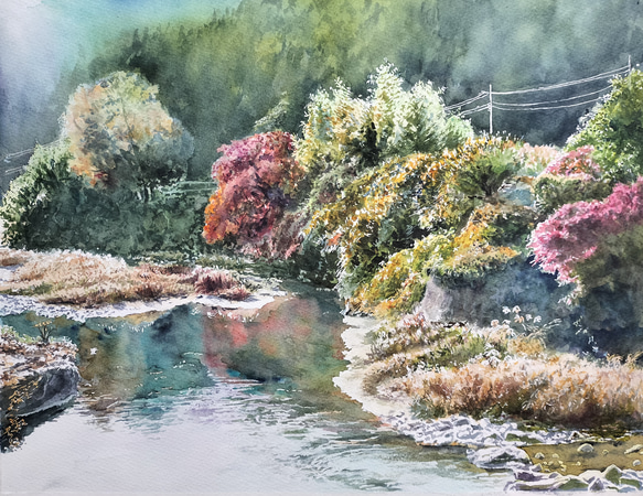 絵画　水彩画　風景画　画題「秋の川沿い」 1枚目の画像