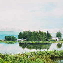 水彩画　風景画 絵画 水彩画 風景画 画題「景色映りて」 絵画 yamakasumi56 通販